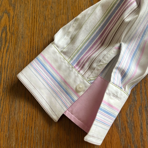 Eddie Bauer Pink and Blue Striped Button Down Blouse 3/4 Sleeves Size Large - Picture 8 of 14